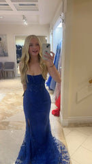 Gorgeous Electric Royal Blue Mermaid V-Neck Prom Dress Spaghetti-Straps Lace Formal Party Gowns AB1820