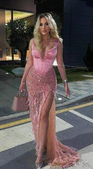 Modest Beaded Party Gowns Sleeveless Floor-Length Straps Slit Pink Long Feathers Mermaid Prom Dress AB1697
