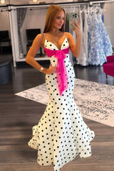 Charming Spaghetti Straps Polka Dots Mermaid Formal Prom Dresses With Bow Birthday Outfits AB2310