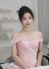 Elegant Mermaid Off The Shoulder Pink With Short Sleeves Formal Dress Sequin Birthday Prom Dresses N2816