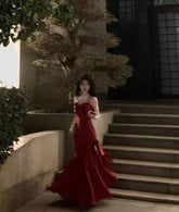 Romantic Mermaid Spaghetti Strap Burgundy Satin With Pleated Formal Dress Long Prom Dresses N2824