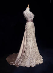 Vintage Prom Dresses 1980s Mermaid V Neck Pink Lace With Appliqued Beaded Long Prom Gown N3112