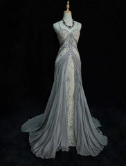 Vintage Prom Dresses Inspo Mermaid Spaghetti Strap Grey Lace 90s With Lace Sequined Formal Gowns N3348