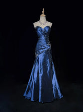 Vintage Prom Dresses 90s Mermaid Sweetheart Navy Blue Satin Long With Beading Evening Outfits N3135