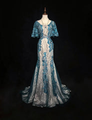 Vintage Prom Dresses Inspo Mermaid Lace Blue Tulle Lace 80s With Appliqued Formal Gowns N3366