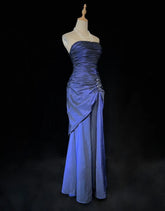 Vintage Prom Dresses 90s Mermaid Strapless Navy Blue Taffeta With Beading Long Semi Formal Evening Dress N3669