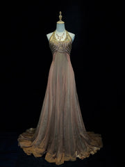Vintage Prom Dresses 80s A line Halter Brown Chiffon With Beading Semi Formal Evening Outfits N3633