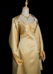 Vintage Prom Dresses Inspo A Line Gold Satin 90s With Beading Cape For Women Formal Gowns N3340