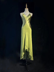 Modest Prom Dresses High Low Spaghetti Strap Green Satin Long Evening Outfits N3472