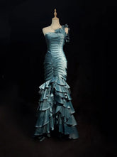 Vintage Mermaid One Shoulder Dusty Blue Satin With Folds Sleeveless Long Formal Dress Gown Birthday Prom Dresses N2442