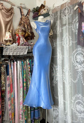Vintage Prom Dresses 80s Mermaid Cowl Neck Blue Chiffon Evening Outfits N3476