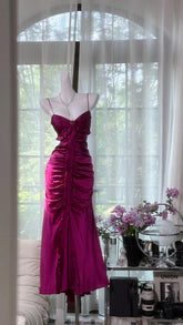 Modest Prom Dresses Mermaid Spaghetti Strap Satin Sleeveless Slit Tea Length Evening Outfits N3569