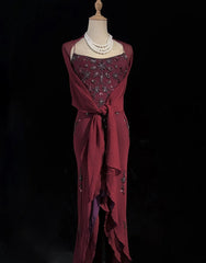 Unique Prom Dresses High Low Spaghetti Strap Burgundy Sleeveless With Beading Semi Formal Evening Dress N3794