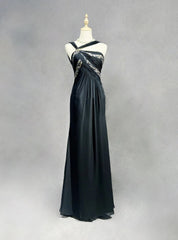 Modest Prom Dresses A Line Halter Black Chiffon Backless Floor Length Formal Evening Outfits N3484
