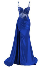 Elegant Spaghetti Straps Mermaid Appliqued Prom Dress With Split AB1693