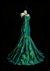 Vintage 1960s Mermaid Sweetheart Dark Green Satin Sleeveless Long Prom Formal Dresses N1596