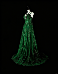 Modest A line Spaghetti Straps Dark Green Tulle With Appliques Long Prom Gown Party Wear Dresses N1847