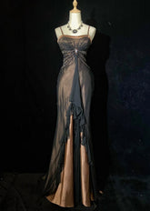 Vintage Prom Dresses Spaghetti Strap Mermaid Brown Satin Black Chiffon Long Formal Evening Outfits N3861