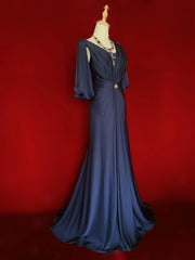 Vintage Prom Dresses 80s Mermaid V Neck Navy Blue Satin Floor Length Evening Outfits N3459