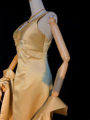 Vintage Prom Dresses Inspo A Line Gold Satin 90s With Beading Cape For Women Formal Gowns N3340