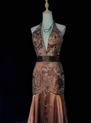 Princess Prom Dresses Mermaid V Neck Brown With Lace Beading Evening Long Dress N3293