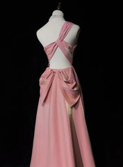 Vintage Prom Dresses 1960s A Line One Shoulder Pink High Low Satin Prom Gown N3101