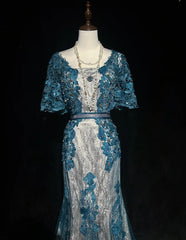 Vintage Prom Dresses Inspo Mermaid Lace Blue Tulle Lace 80s With Appliqued Formal Gowns N3366