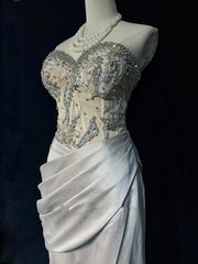 Vintage Prom Dresses 80s Mermaid Sweetheart Silver Grey With Beading Semi Formal Evening Outfits N3638