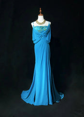 Gothic Glam Prom Dresses Mermaid Spaghetti Strap Blue Chiffon Sleeveless With Beaded Semi Formal Evening Dress N3819