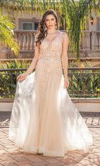 Floral-Embellished Long V-Neck Prom Dress 4311