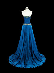 Vintage A Line Sweethart Blue Chiffon Long Prom Gown Party Wear Fashion Dresses N1824