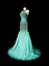 Vintage 1960s Mermaid Sweetheart Blue With Crystals Gems Sleeveless Long Prom Formal Dresses N1592
