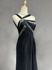 Modest Prom Dresses A Line Halter Black Chiffon Backless Floor Length Formal Evening Outfits N3484