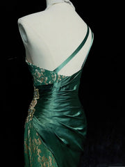 Vintage Prom Dresses Inspo Mermaid One Shoulder Dark Emerald Green 1990s With Gold Lace Formal Gowns N3320