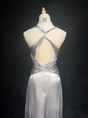 Vintage Prom Dresses 2000s A line Halter Silver Gray With Ruffle Long Prom Gown N3028