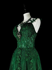 Modest A line Spaghetti Straps Dark Green Tulle With Appliques Long Prom Gown Party Wear Dresses N1847