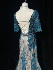 Vintage Prom Dresses Inspo Mermaid Lace Blue Tulle Lace 80s With Appliqued Formal Gowns N3366