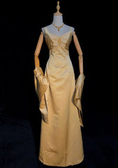 Vintage Prom Dresses Inspo A Line Gold Satin 90s With Beading Cape For Women Formal Gowns N3340