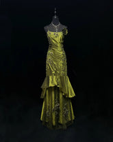 Vintage Mermaid 2000s Spaghetti Strap Olive Green Satin Formal Dress Long Prom Dresses N2575