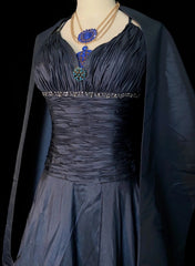 Timeless Prom Dresses Ball Gown Halter Navy Blue Taffeta With Beading Cape Evening Outfits N3287
