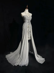 Vintage 90s Prom Dresses Sheath Sweetheart High Low Silver Grey Chiffon Long Prom Gown N3020