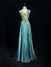 Vintage Classy Prom Dresses A Line Tiffany Blue V Neck Lace Satin With Beaded Evening Long Dress N3300
