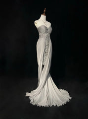 Vintage 90s Prom Dresses Sheath Sweetheart High Low Silver Grey Chiffon Long Prom Gown N3020