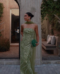 Gorgeous Light Green Strapless Sleeveless Floor length Prom Gown For Women Luxury Crystal Shinning Prom Dress N2350