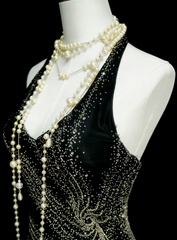 Vintage Mermaid V Neck Black With Beading Summer Formal For Women Girls Teens Prom Dresses N2232