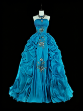 Vintage 1760s Ball Gown Strapless Blue Organza Sleeves Pleated Long Prom Dresses N1586