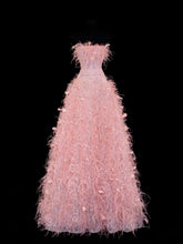 Modest Prom Dress Aesthetic Ball Gowns Strapless Tulle Pink With Feathers Style Impress Long Prom Dresses Party Formal Gown SA033