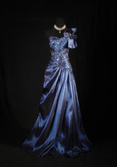 Retro Vintage 1960s Formal A line One Shoulder Fashion Navy Blue Satin With Beads Sleeveless Long Prom Dresses Party Formal Gowns AS120