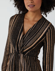 Foil Stripes Twist Front Midi Dress