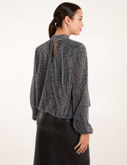 High Neck Puffball Hem Blouse